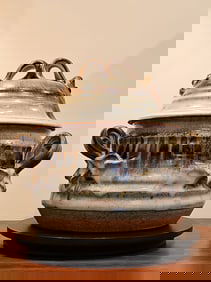 Vintage Thomas Reece Art Pottery Stoneware Signed Lidded Pot 5"H X 8.5"W