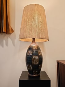 Signed Robert Sperry Northwest Studio Pottery Lamp With Milk Glass and Shade 32"H