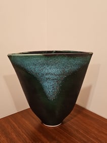 Angela Fina Art Stoneware Vase With Blue Glaze Signed 9.5"H X 10.5"W X 3.5"D