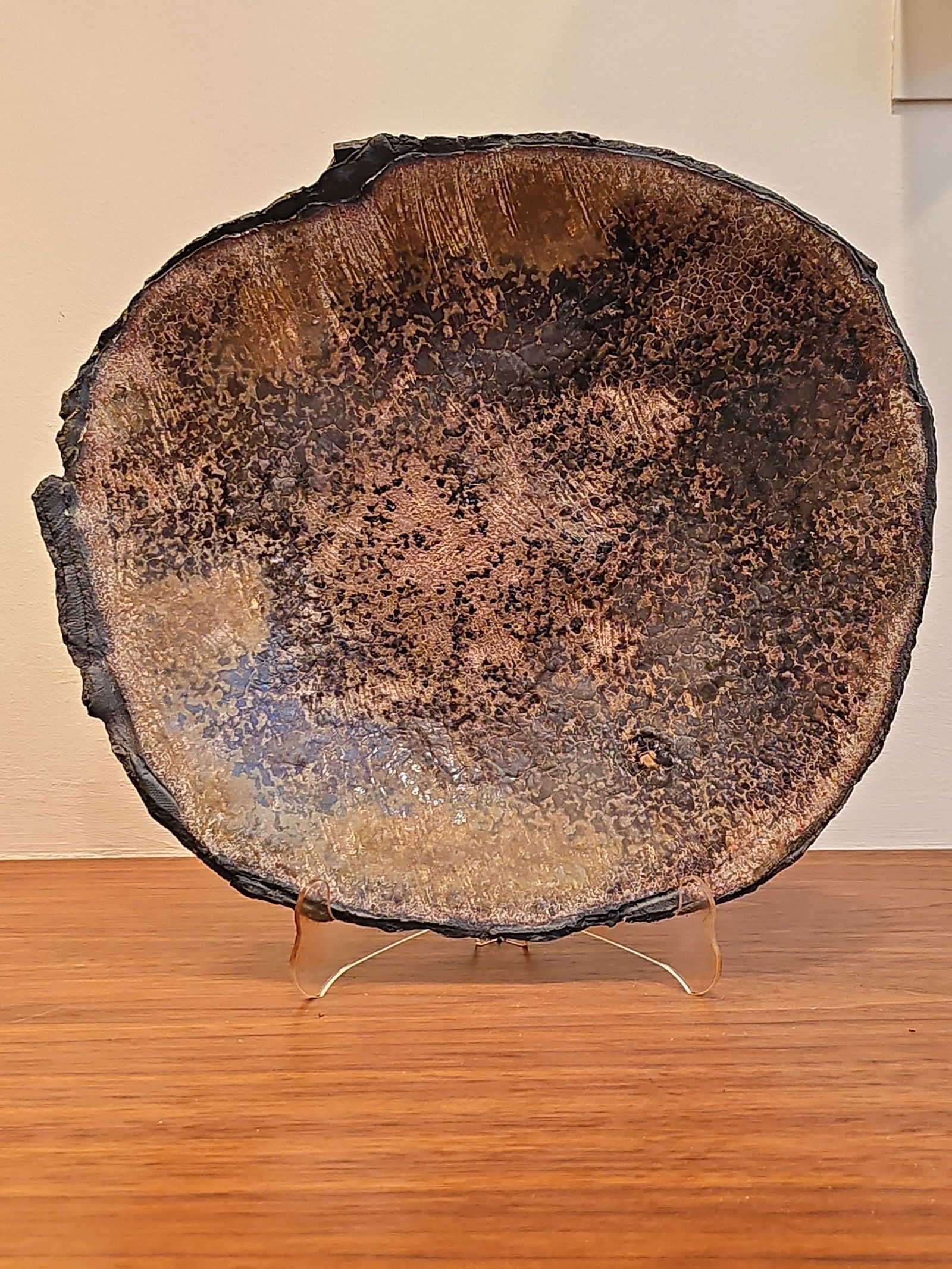 Ceramic Raku Plate for Wall or Table Centerpiece, Signed: Ceramic Raku Plate for Wall or Table Centerpiece SignedBY BIDDING ON ANY ITEM, ALL BIDDERS ARE ENTERING INTO A CONTRACT AND AGREE TO ABIDE BY AND ACCEPT THESE TERMS OF SALE. PLEASE READ THE TERMS AND