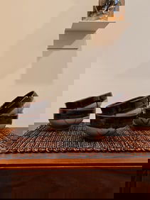 Set of 8 Vintage Glazed Stoneware Pottery Bowls Marked on Bottom