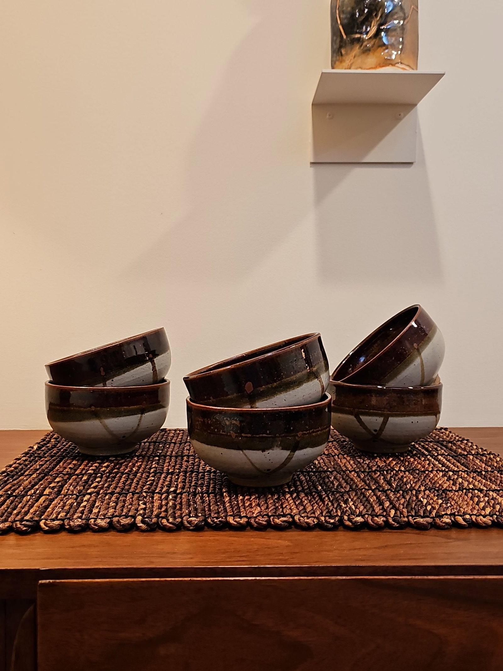 Set of 8 Vintage Glazed Stoneware Pottery Bowls Marked on Bottom (1 of 7)