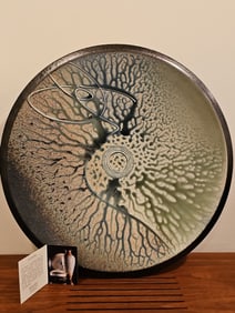 Vintage  Signed Richard Aerni Ash Glazed Stoneware Pottery Bowl 3"H X 20.5"D