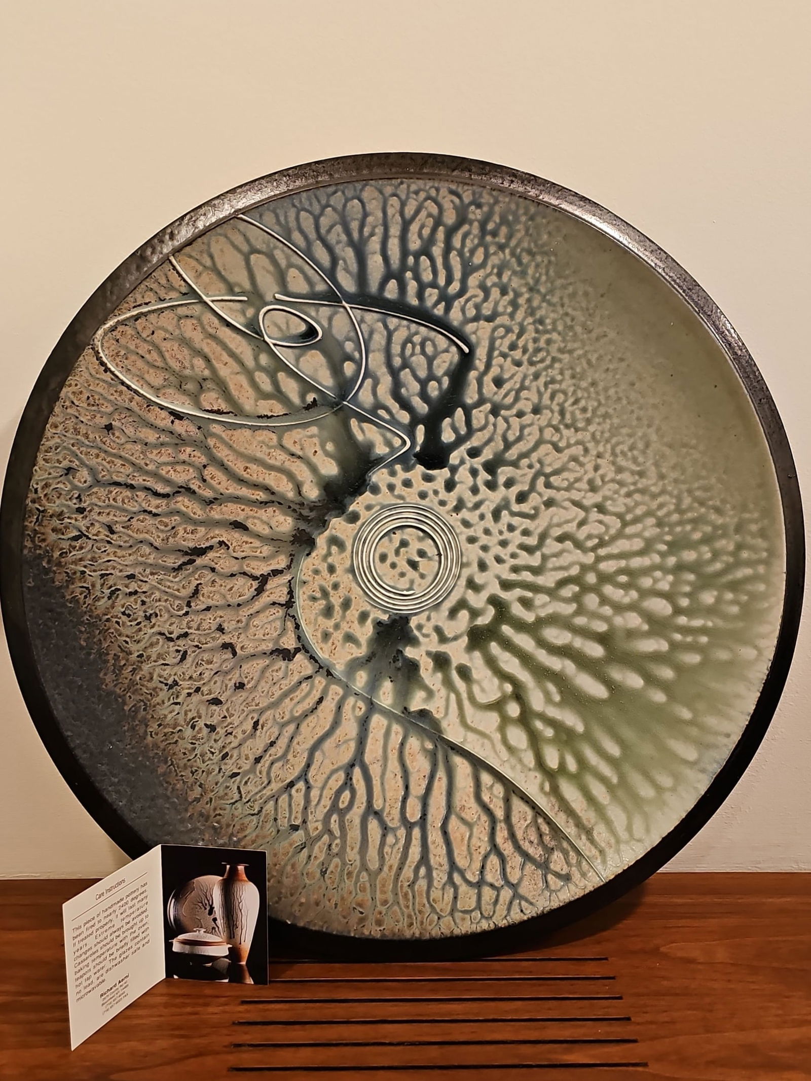 Vintage  Signed Richard Aerni Ash Glazed Stoneware Pottery Bowl 3"H X 20.5"D (1 of 5)