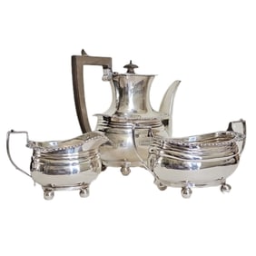 Israel Freeman & Son Ltd English Sterling Silver & Wood Tea/Coffee Service London, circa 1939/1940