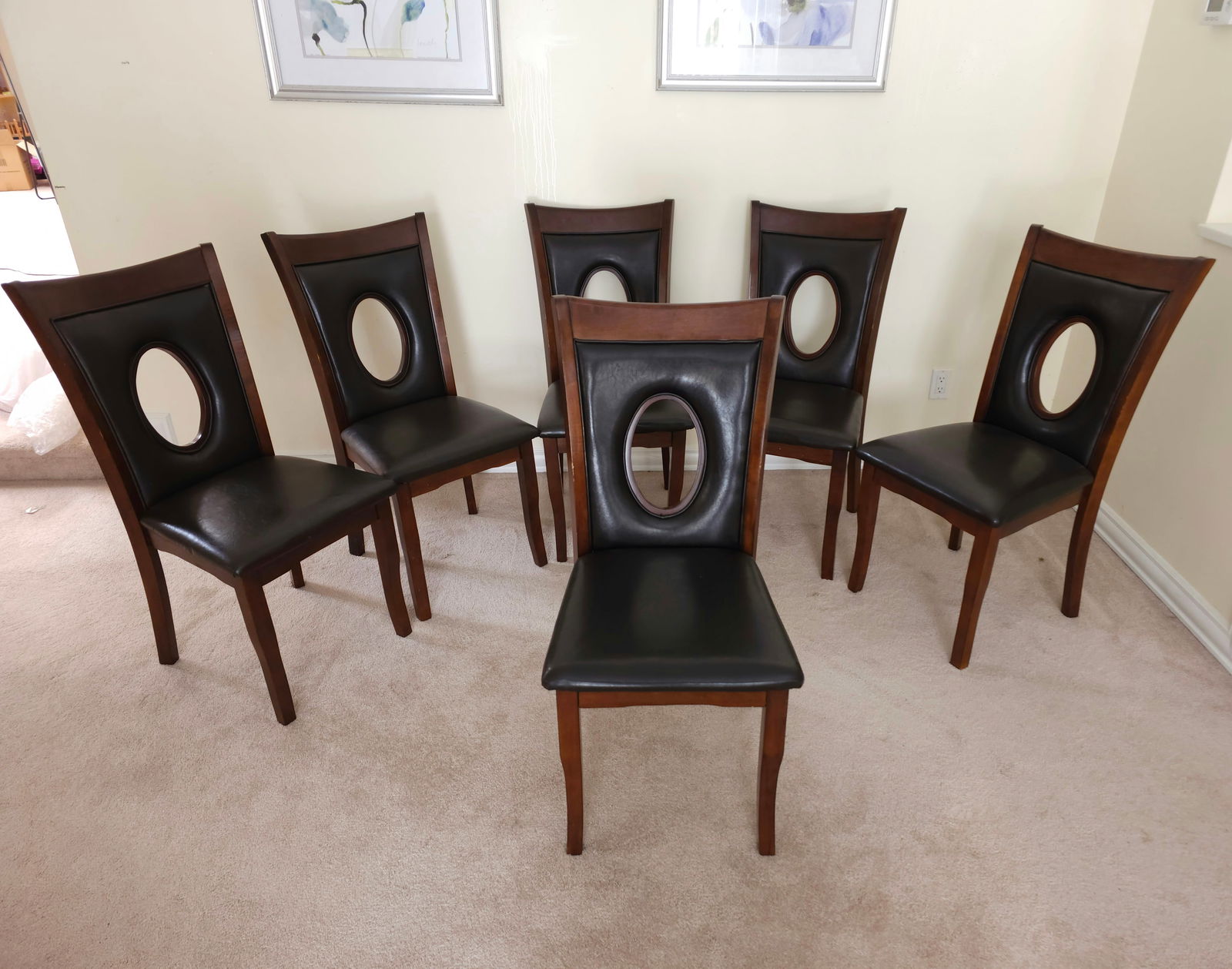 Set of 6 brown wooden chairs with black leather upholstery 37.5" X 18" X 16" (1 of 6)