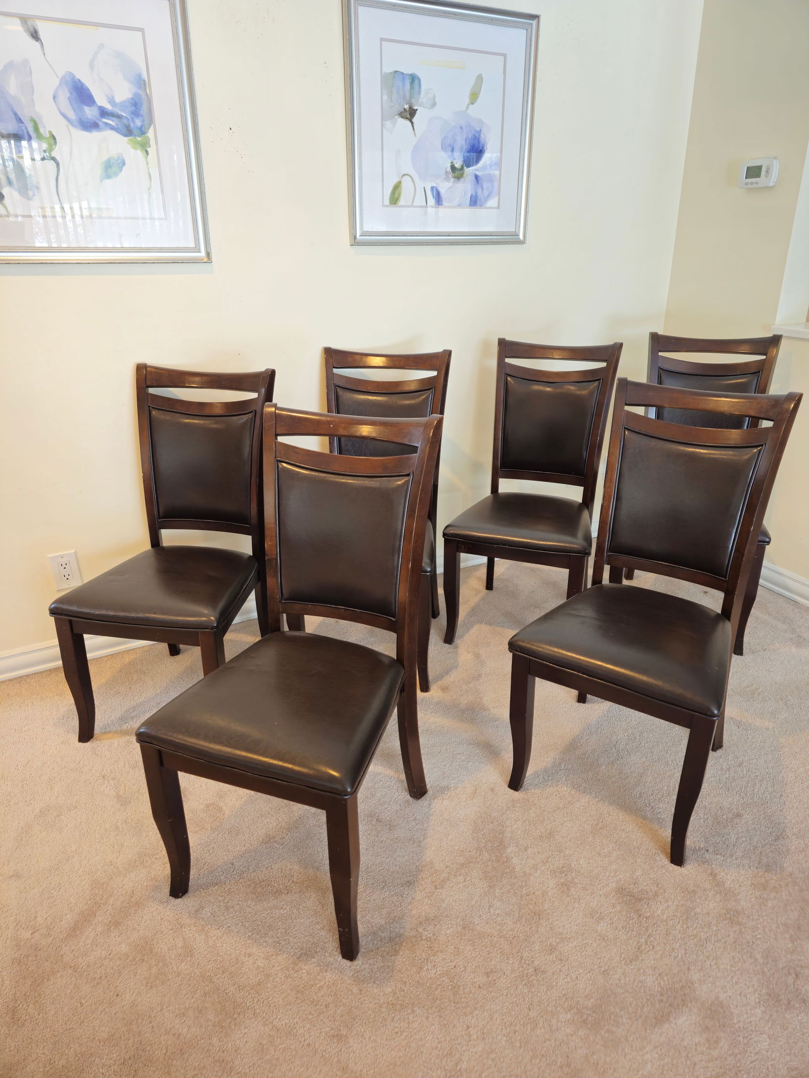 Set of 6 brown wooden chairs with black leather upholstery 37.5" X 18" X 16" (1 of 6)