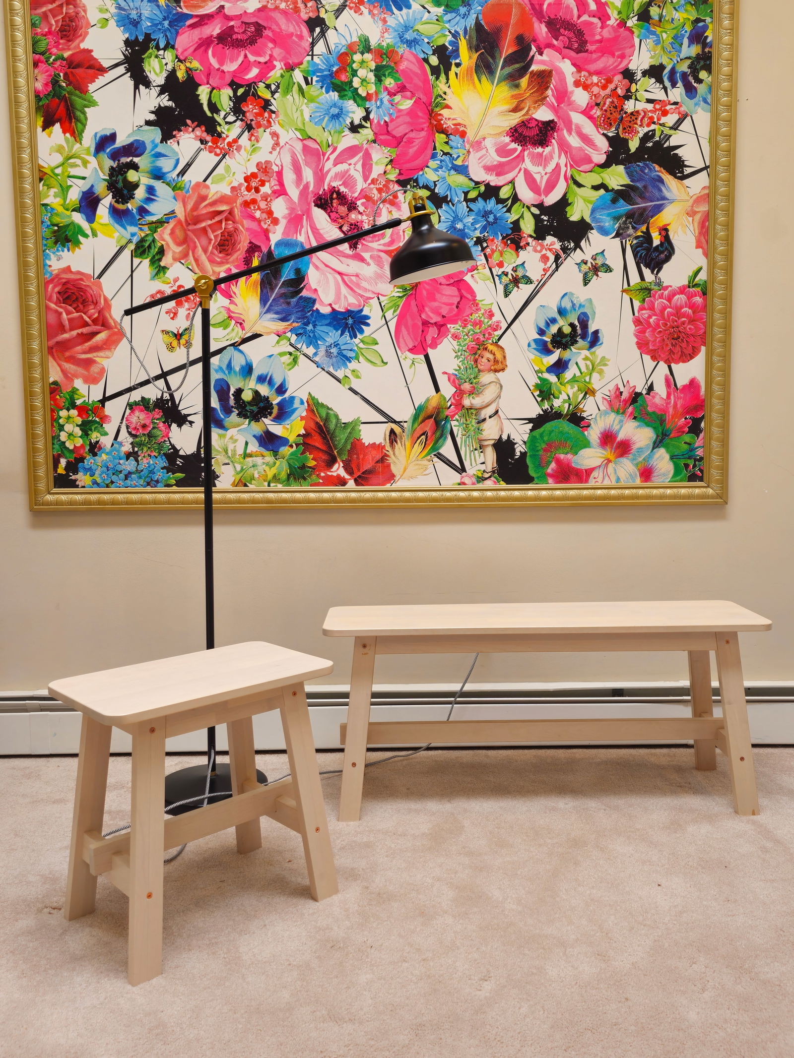 Modern IKEA adjustable lamp, bench and stool: Modern IKEA adjustable lamp, bench and stoolBench 17.5H X 40.5"W X 11"DStool 17.5"H X 18"W X 11"D BY REGISTERING FOR THIS SALE AND BIDDING ON ANY ITEM, ALL BIDDERS ARE ENTERING INTO A CONTRACT AND AGR