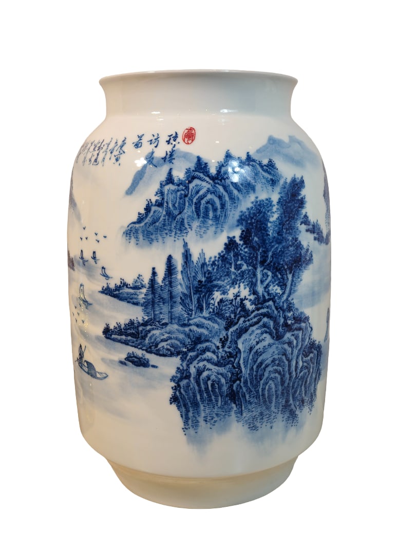 Chinese Blue White Hand Painted Mountain Tree Scenery Porcelain Vase 18" Tall: Chinese Blue White Hand Painted Mountain Tree Scenery Porcelain Vase 18" TallBY REGISTERING FOR THIS SALE AND BIDDING ON ANY ITEM, ALL BIDDERS ARE ENTERING INTO A CONTRACT AND AGREE TO ABIDE BY AND AC