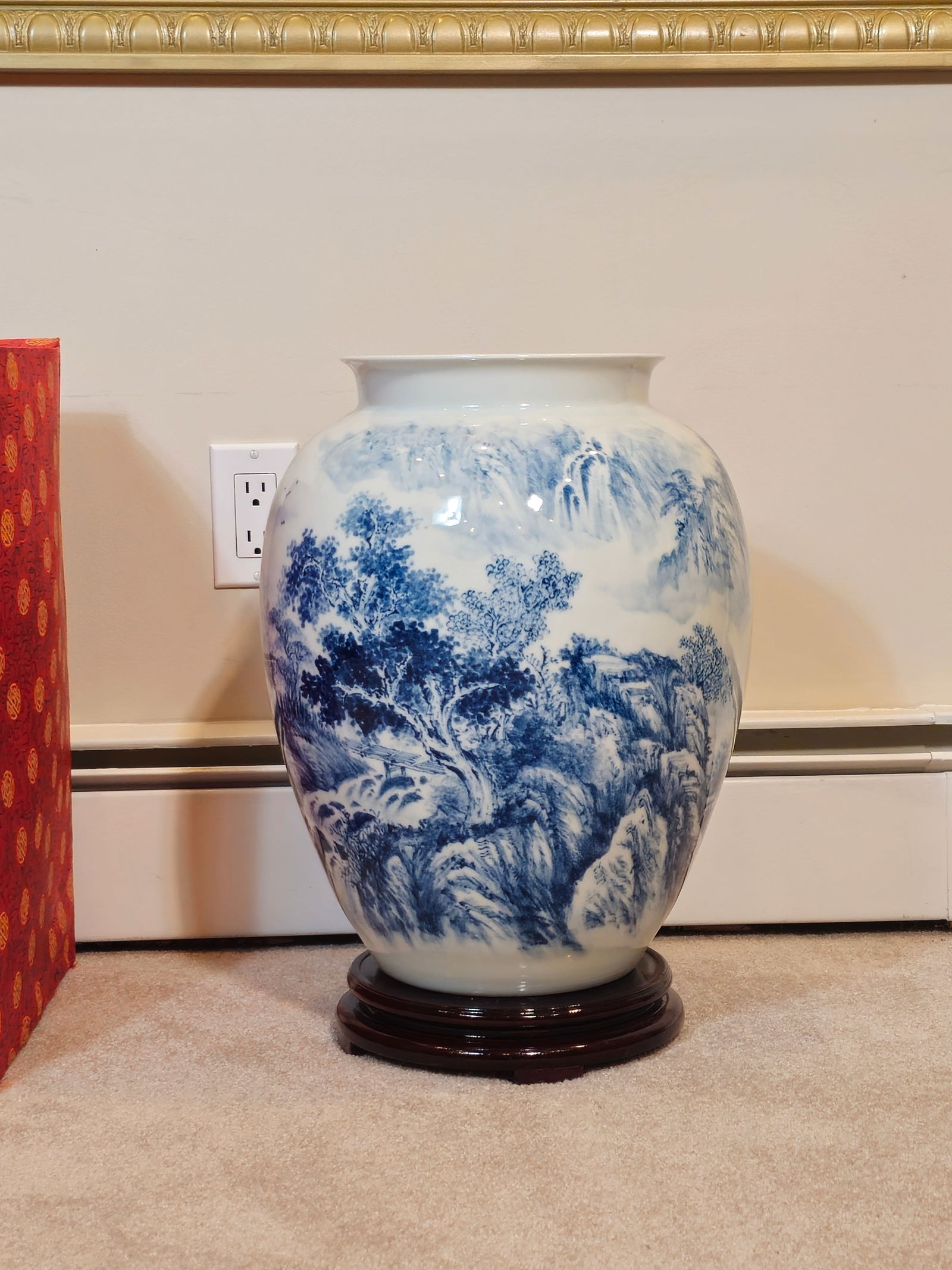Chinese Blue White Hand Painted Mountain Tree Scenery Porcelain Vase 18" Tall (1 of 7)