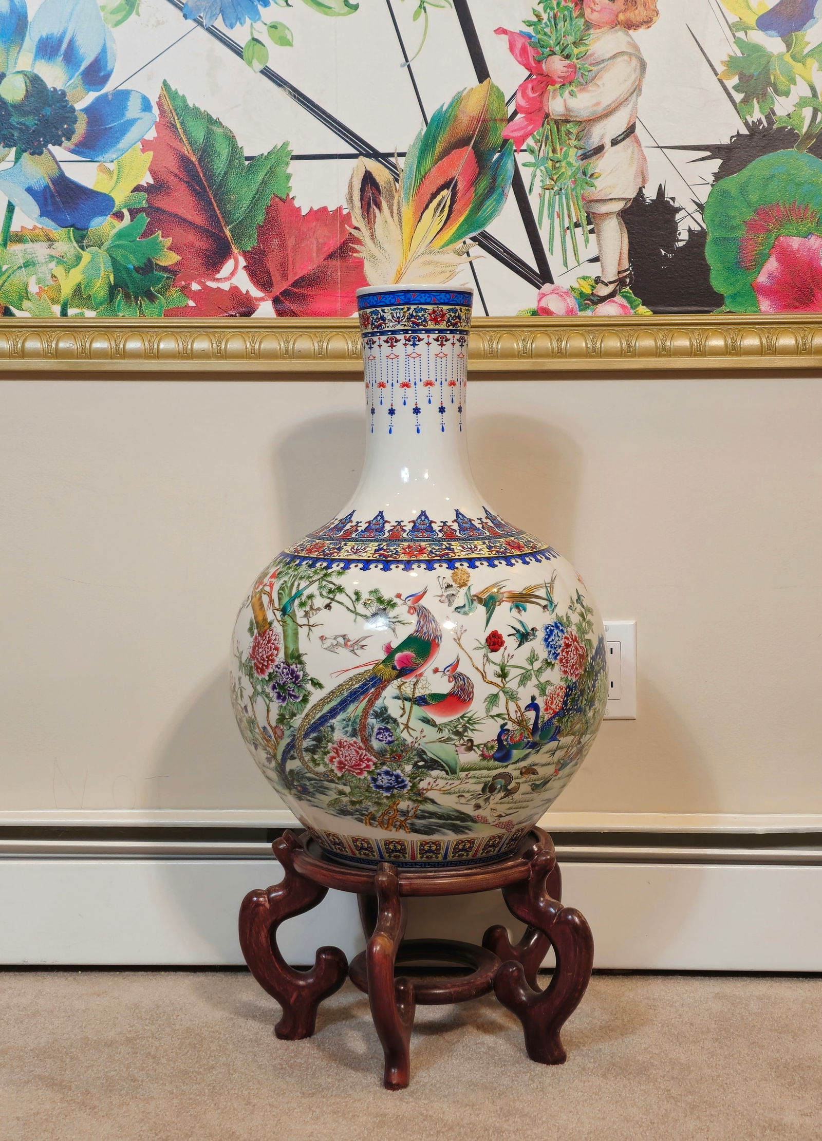 Vintage Qing Dynasty Style colorful Hand Painted Porcelain Vase with stand 22" (1 of 13)