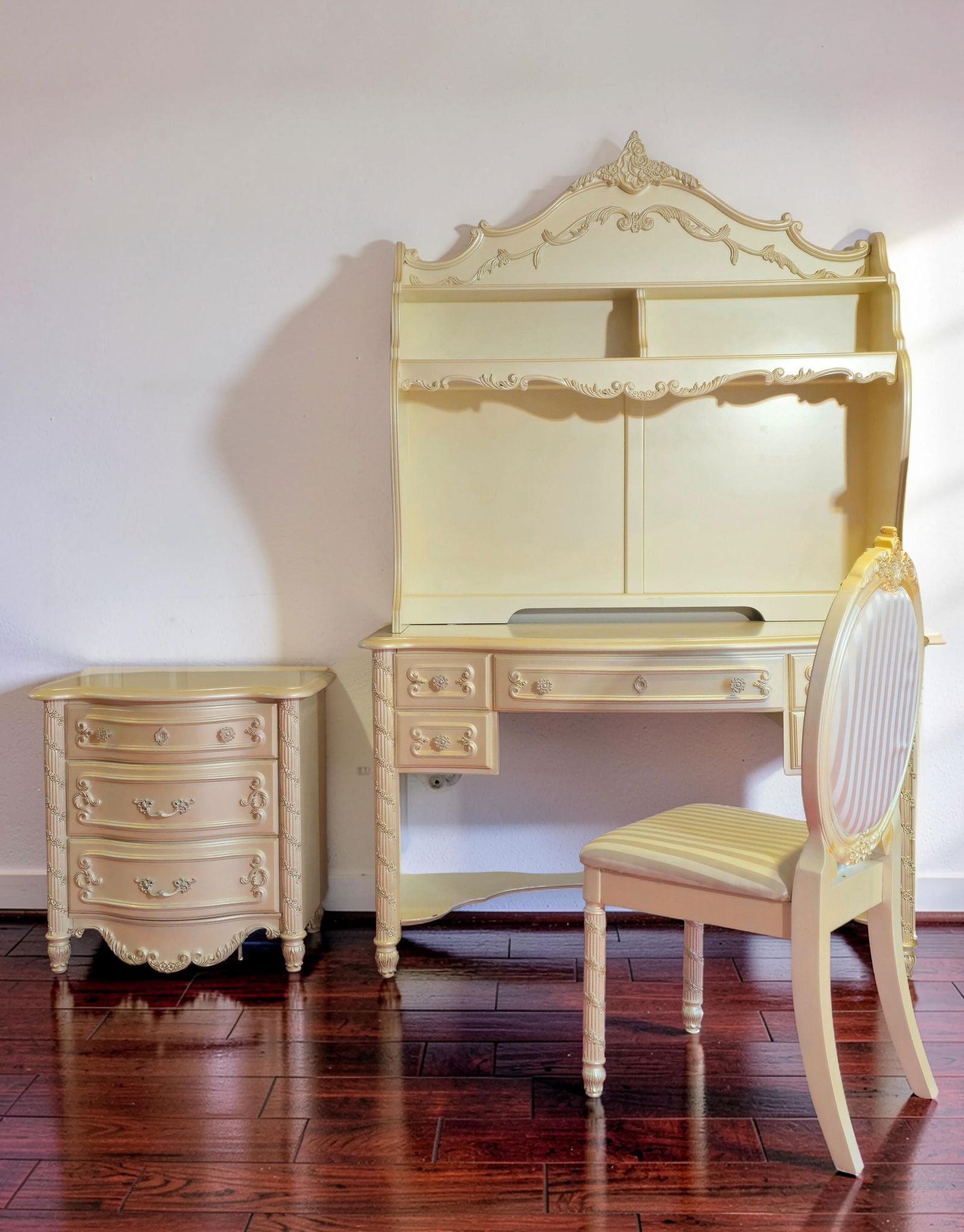 White Writing Desk With Hutch 78"H X 50"W X 26.5"D ,Chair And Night Stand 26"H X 16"D (1 of 5)