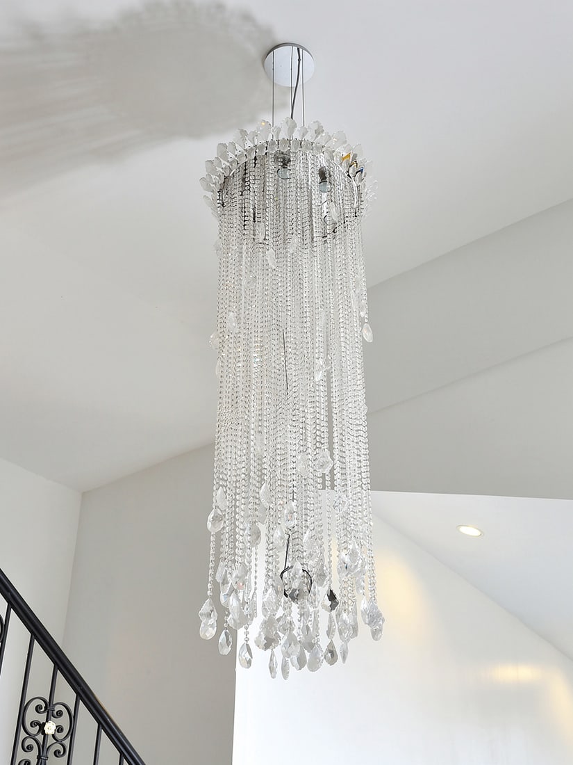 Trilliane Strands 6 Light Polished Stainless Steel Pendant Ceiling Light in Radiance: Trilliane Strands 6 Light Polished Stainless Steel Pendant Ceiling Light in Radiance -The buyer is responsible for arranging the professional removal and takedown of the chandelier.BY REGISTERING FOR