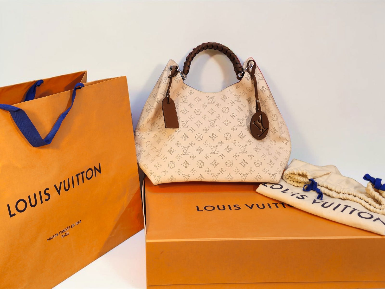 Authentic Louis Vuitton Carmel Hobo Bag in Mahina Calf Leather With Monogram, LV Leather Charm, (1 of 20)