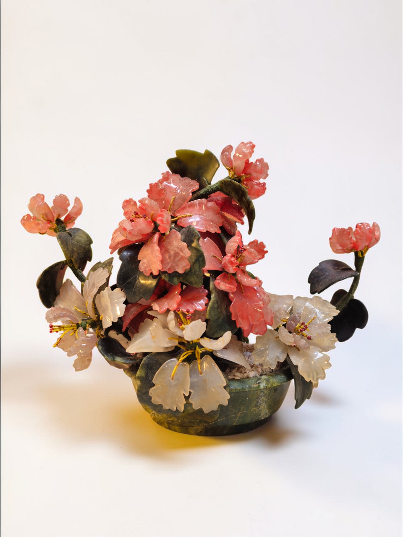 Vintage Handmade Monumental Jade Gemstone Carved Botanical Bonsai Tree in Stone Planter (1 of 7)