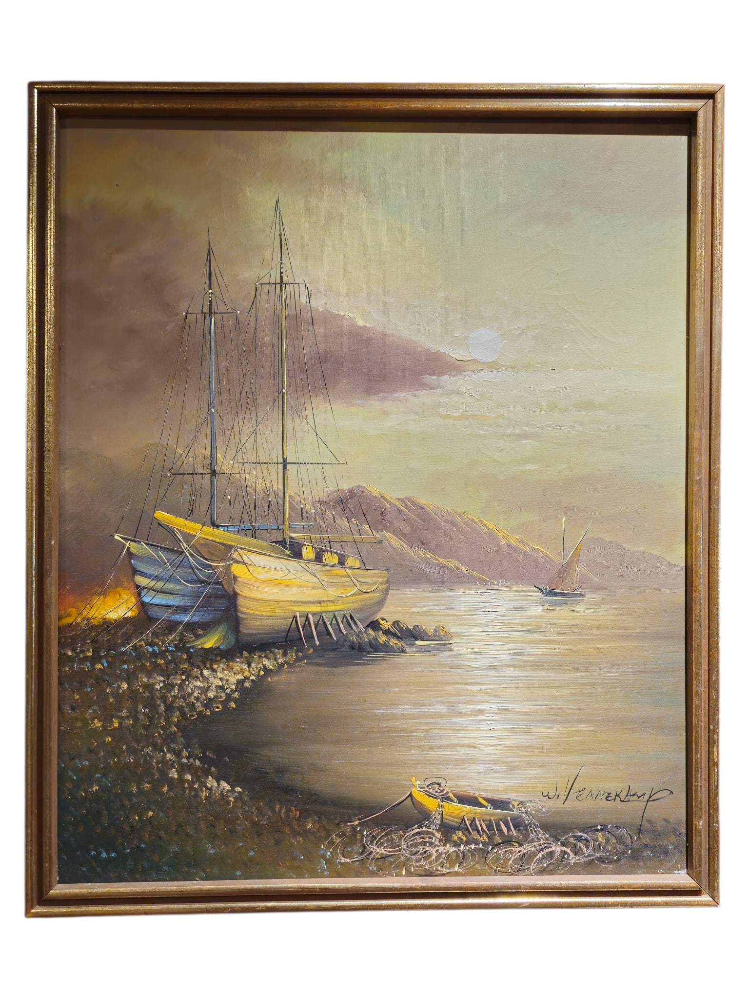 W. Vennekamp Sail Boat at Port Large Oil on Canvas Sunset Seascape Painting 21" x 25" (1 of 5)