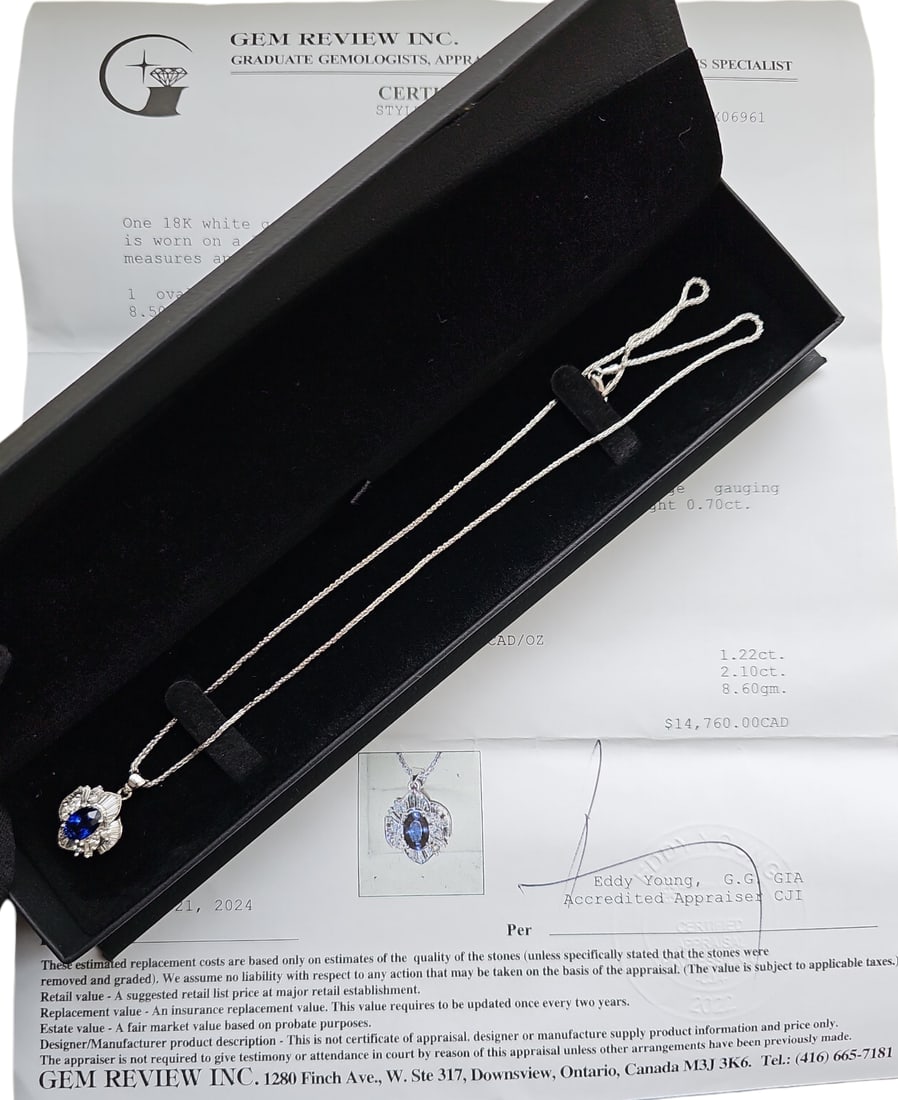 18K White Gold ,Blue Sapphire And Diamond Hand Assembled Pendant With 18K Wheat Link Neck Chain 18": 18K White Gold ,Blue Sapphire And Diamond Hand Assembled Pendant With 18K Wheat Link Neck Chain 18"Comes with Certificate of Appraisal CERT#X06961Total Diamond Weight 1.22ct.Total Blue Sapphire Weight