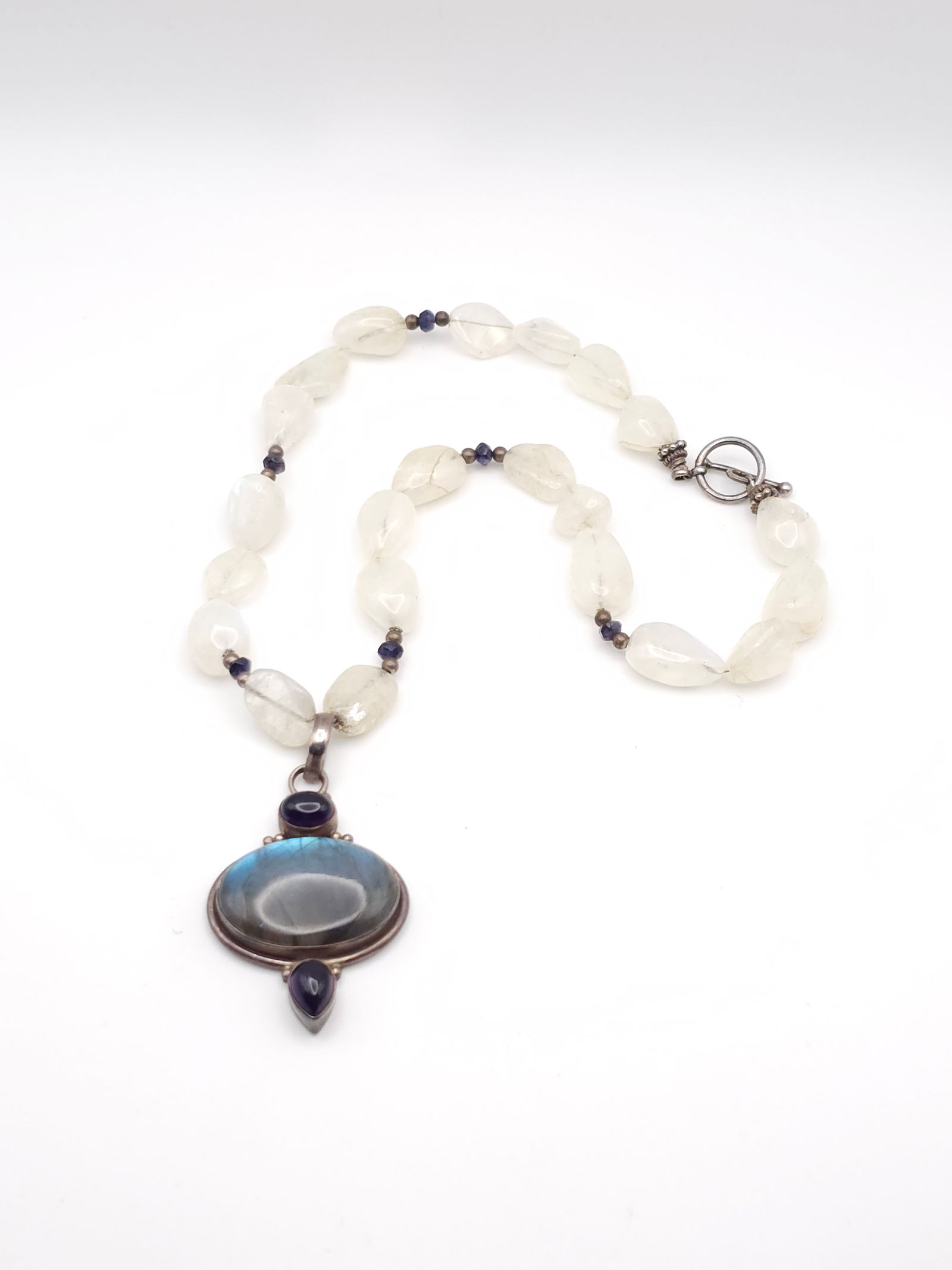 Labradorite Moonstone Sterling Silver Goddess Pendant Quartz Crystal Necklace 16" Long (1 of 5)