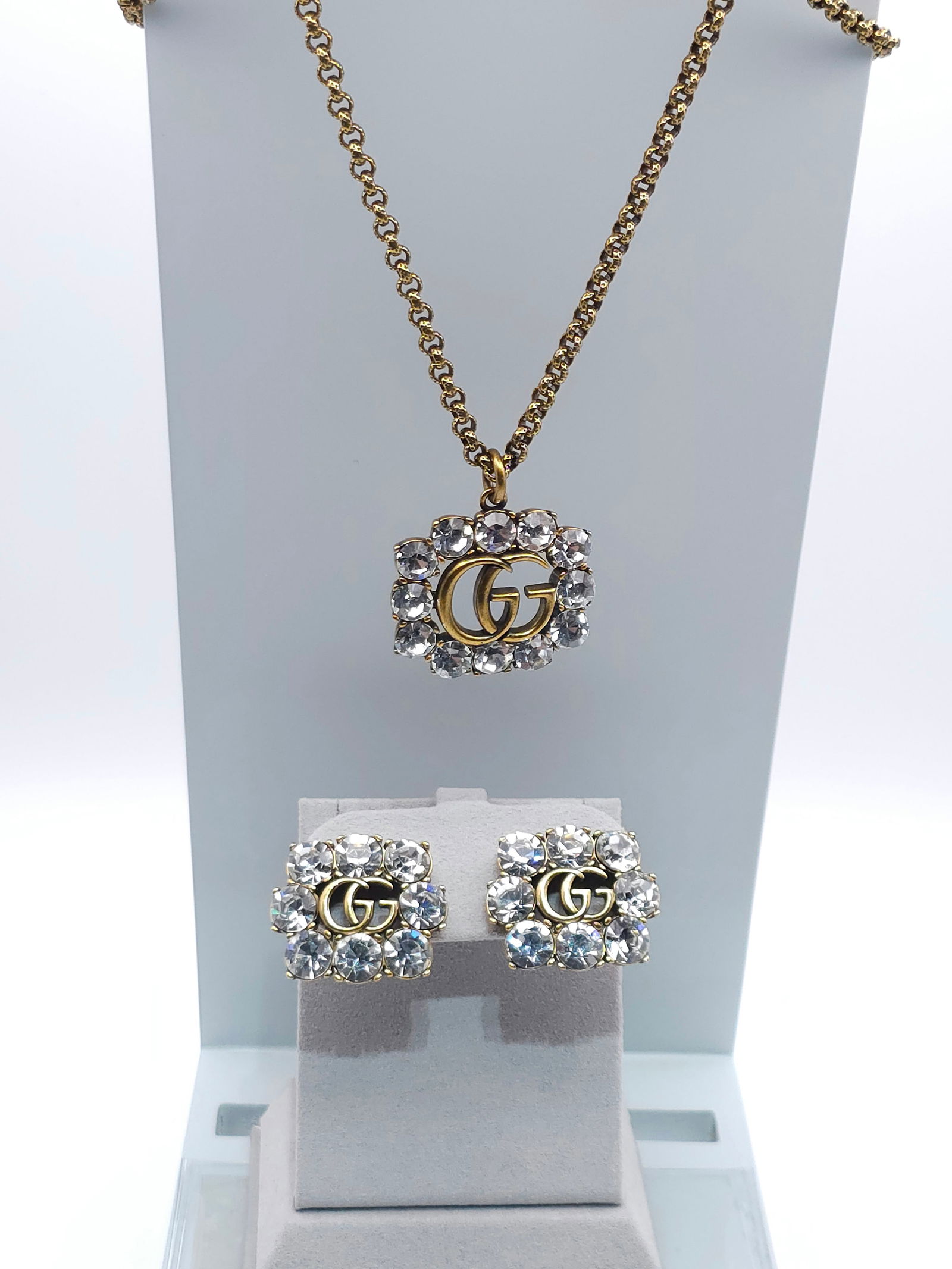 Authentic Stamped GUCCI GG Crystal Pendant Necklace and Earrings Set Aged Gold (Never Worn) (1 of 11)