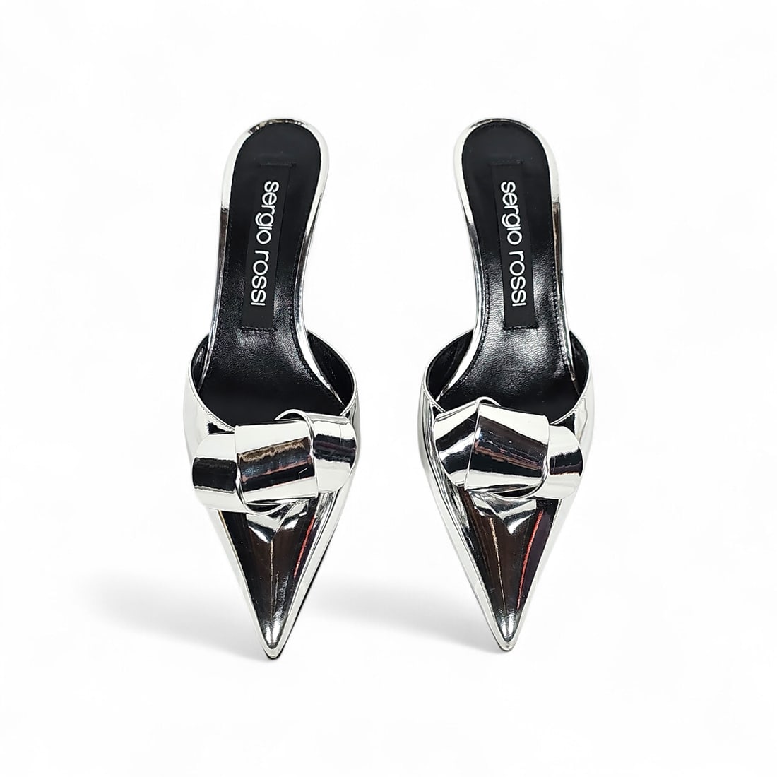 Sergio Rossi Metallic Leather Bow Detail and Stiletto Heels Pointed Toe Mules Size 38: Sergio Rossi Metallic Leather Bow Detail and Stiletto Heels Pointed Toe Mules Size 38BY REGISTERING FOR THIS SALE AND BIDDING ON ANY ITEM, ALL BIDDERS ARE ENTERING INTO A CONTRACT AND AGREE TO ABIDE B