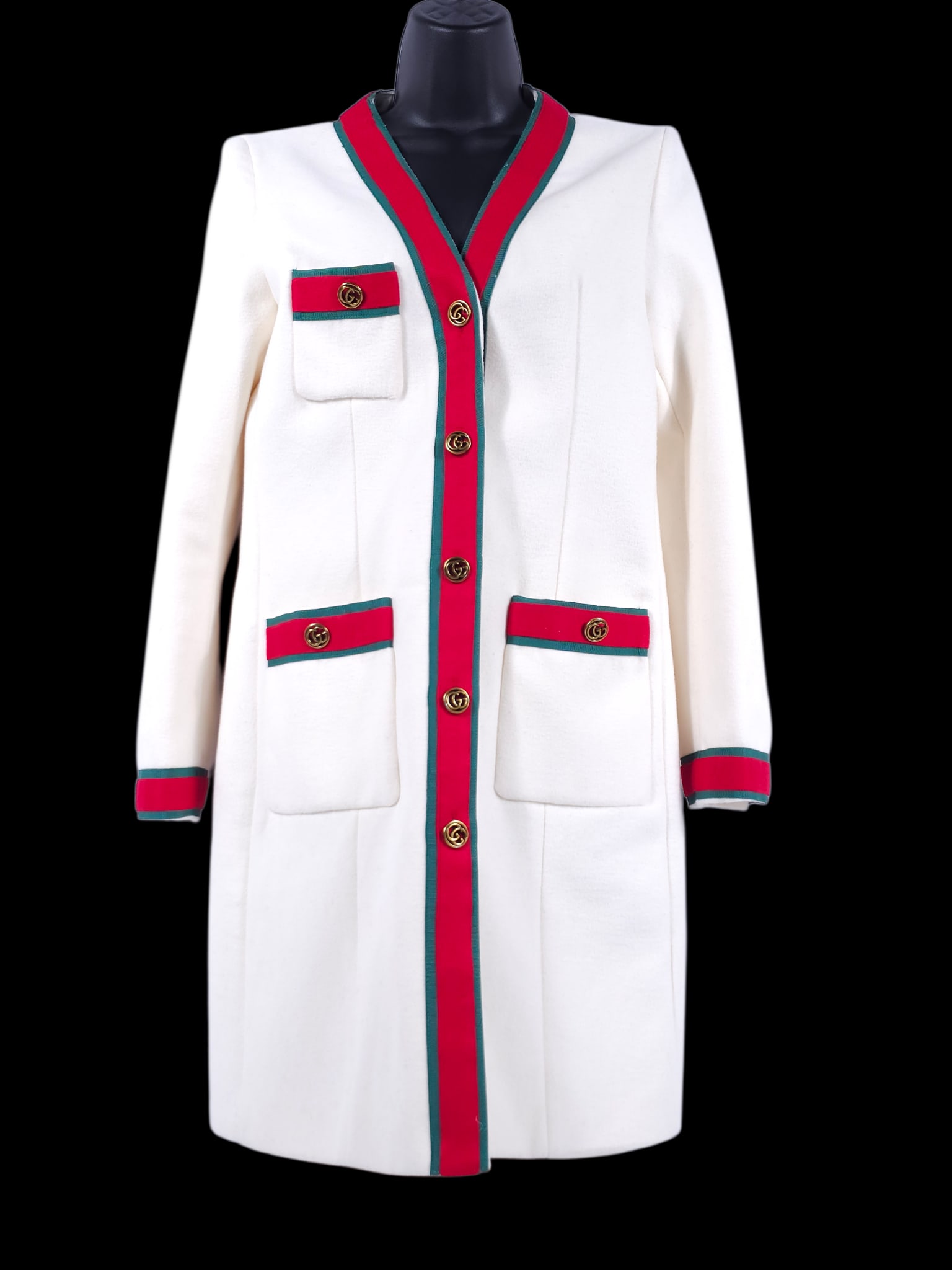 Authentic Gucci White Wool Coat/Jacket Signature Red and Green Trim and Gold Double G Buttons Size38: Authentic Gucci White Wool Coat/Jacket Signature Red and Green Trim and Gold Double G Buttons Size 38 Mid - LengthBY REGISTERING FOR THIS SALE AND BIDDING ON ANY ITEM, ALL BIDDERS ARE ENTERING INTO A