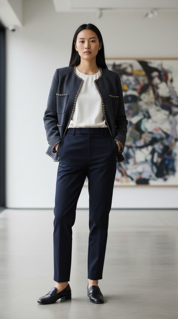 CHANEL Grey Wool Blazer With Signature Gold & Leather Chain-Link Trim And CC Button Size 36: CHANEL Grey Wool Blazer With Signature Gold & Leather Chain-Link Trim And CC Button Hook-and eye closure Size 36 Does not come with papers and spare partsBY REGISTERING FOR THIS SALE AND BIDDING ON AN