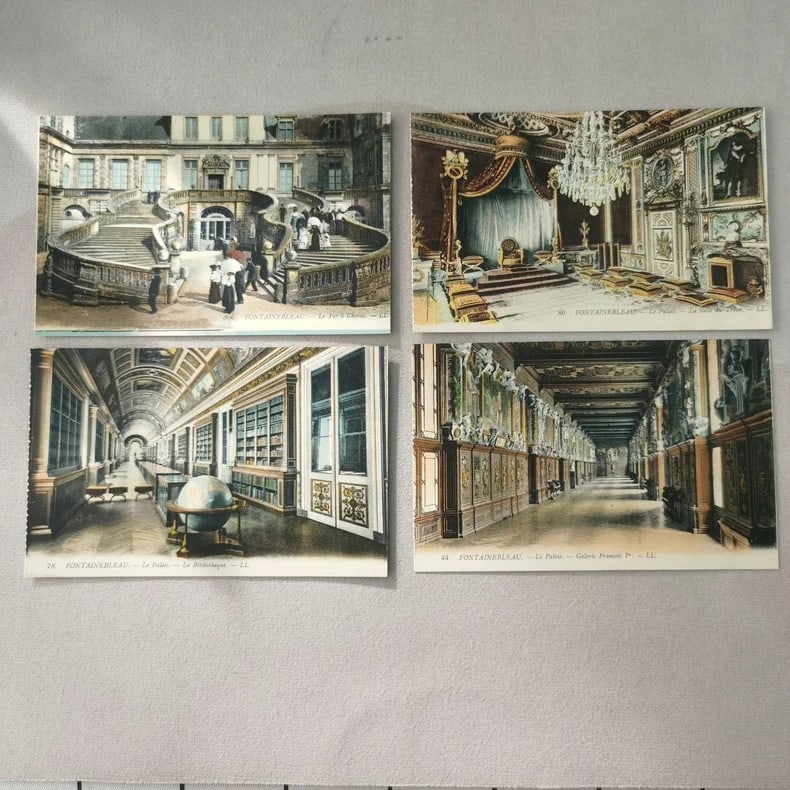 A set of old postcards with the theme of the French Palace of Fontainebleau: Size:/. Condition: Good used condition. Provenance: From Philadelphia PA estate. In house shipping is available for this item. All the items AS IS, please join the auction preview for the condition De