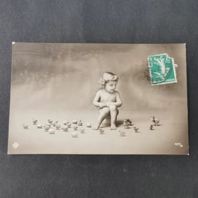 An old French postcard with a childish theme from the late 19th century