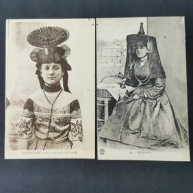 A set of old postcards from the late 19th century in France, featuring traditional local costumes