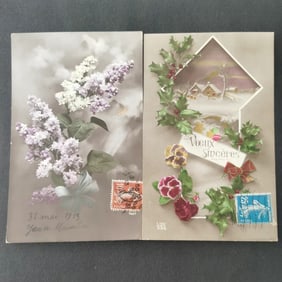 A set of old French postcards from the late 19th century, themed on flowers and festivals
