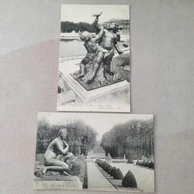 Sculptures in the gardens of the Palace of Versailles, France, and a set of old postcards