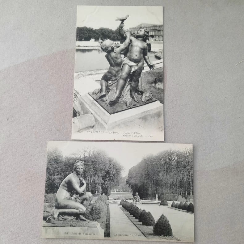 Sculptures in the gardens of the Palace of Versailles, France, and a set of old postcards: Size:/. Condition: Good used condition. Provenance: From Philadelphia PA estate. In house shipping is available for this item. All the items AS IS, please join the auction preview for the condition De