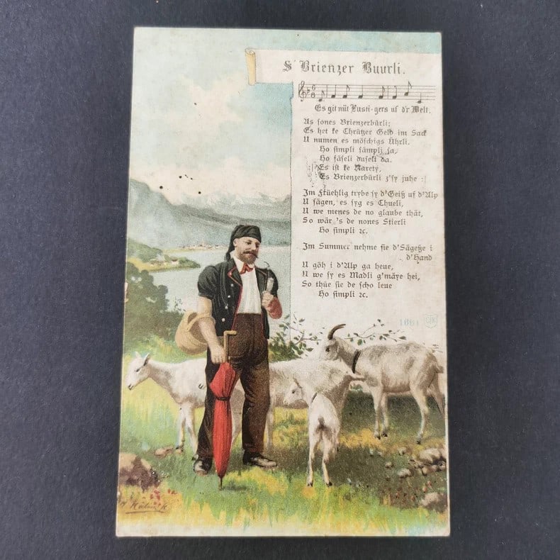 A folk art postcard related to the Swiss "Shepherd of St. Brienz" from the late 9th century: Size:/. Condition: Good used condition. Provenance: From Philadelphia PA estate. In house shipping is available for this item. All the items AS IS, please join the auction preview for the condition De