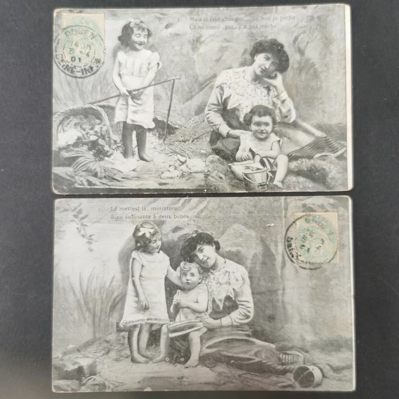 French parent-child seaside themed vintage postcard: Size:/. Condition: Good used condition. Provenance: From Philadelphia PA estate. In house shipping is available for this item. All the items AS IS, please join the auction preview for the condition De
