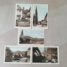 A set of 5 postcards depicting European architecture from the late 19th century