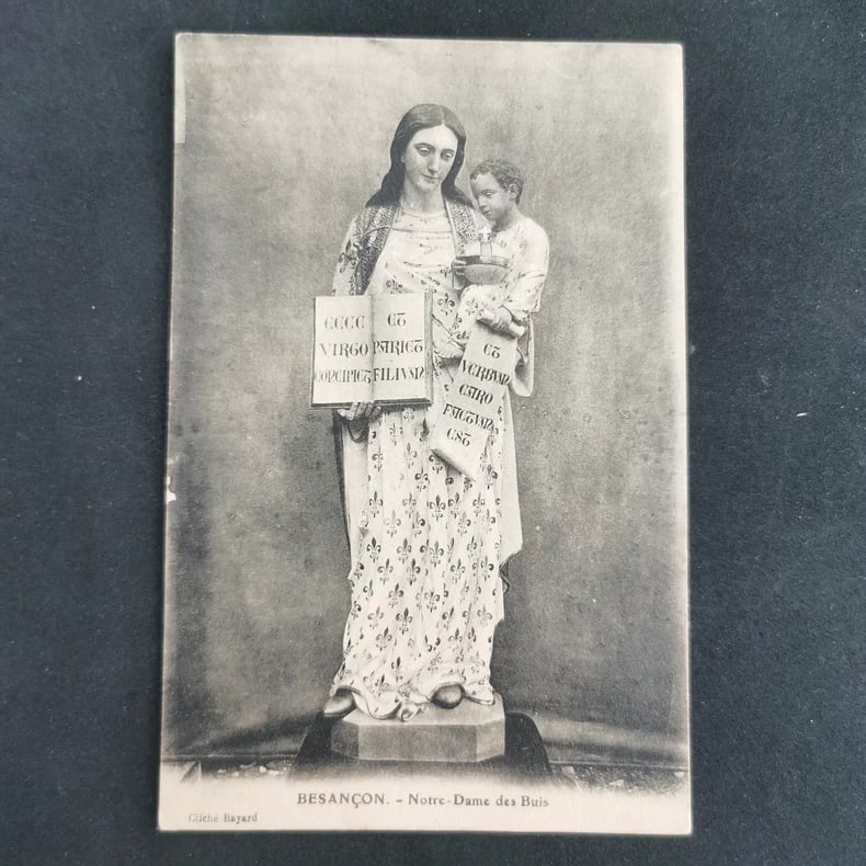 Old postcard of the "Madonna of the Boxwood" statue in Besançon (1 of 2)