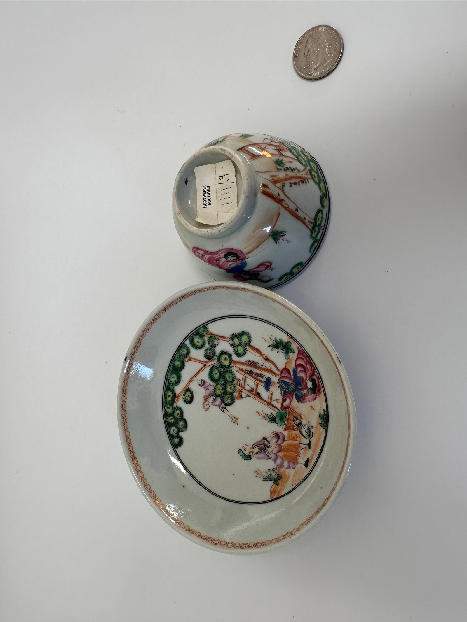 Chinese Famille Rose China Porcelain Saucer & Cup: Dimension: W 4.6 & 3 inches/ 11.5 & 7.5cm, please note Due to manual measurement, dimensions may vary. Condition: Good used condition, please note buyers are obligated to come to the site to inspect t