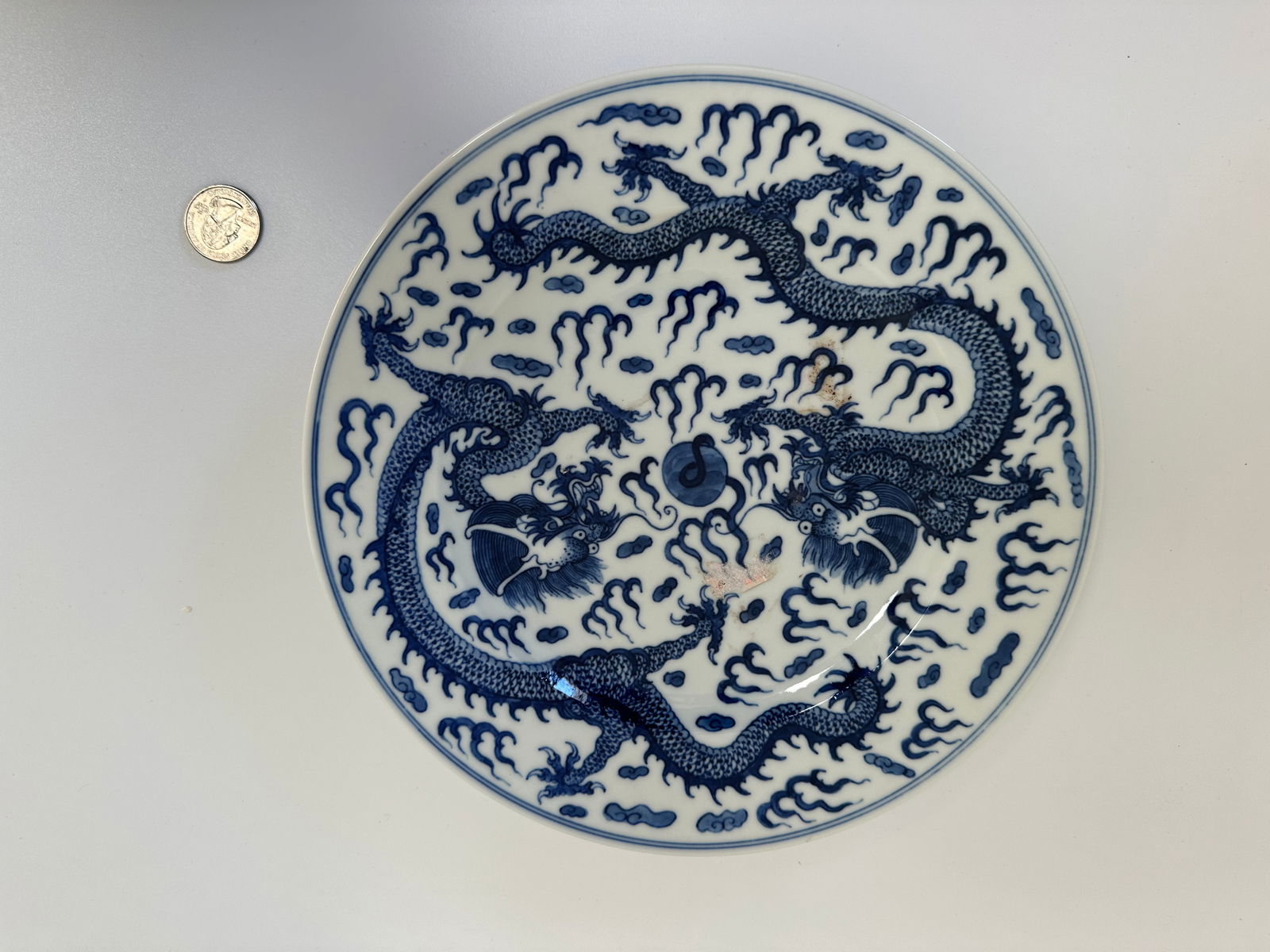 Chinese Blue And White Porcelain Dragon China Plate: Dimension: 9.1 inches/ 23.2 cm, please note Due to manual measurement, dimensions may vary. Condition: Good used condition, please note buyers are obligated to come to the site to inspect the conditio