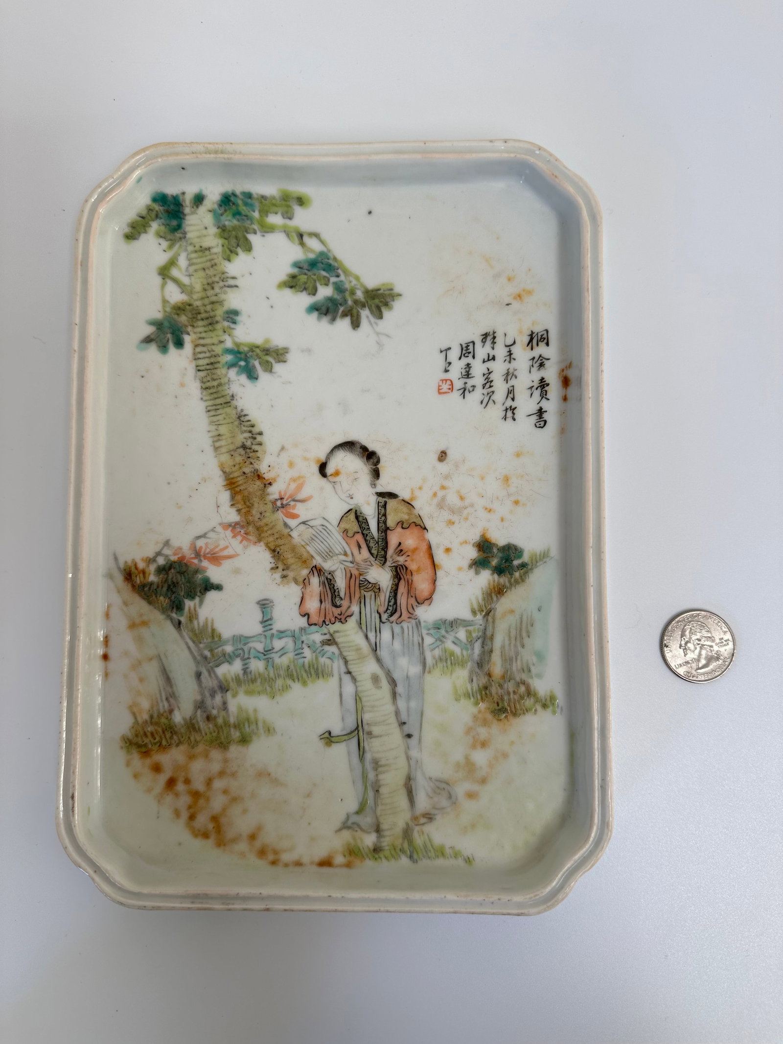 Chinese Famille Rose Scholar Porcelain Tea Tray: Dimension: 9.5X 6.7 inches/ 24.2X16.9 cm, please note Due to manual measurement, dimensions may vary. Condition: Good used condition, please note buyers are obligated to come to the site to inspect th