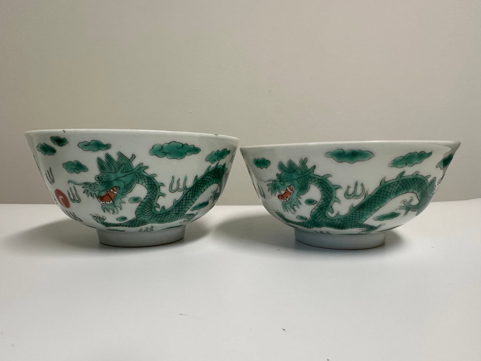 Set Of 2 Green Dragons Porcelain China Bowls: Dimension: 4.6 inches/ 11.6 cm, please note Due to manual measurement, dimensions may vary. Condition: Good used condition, please note buyers are obligated to come to the site to inspect the conditio