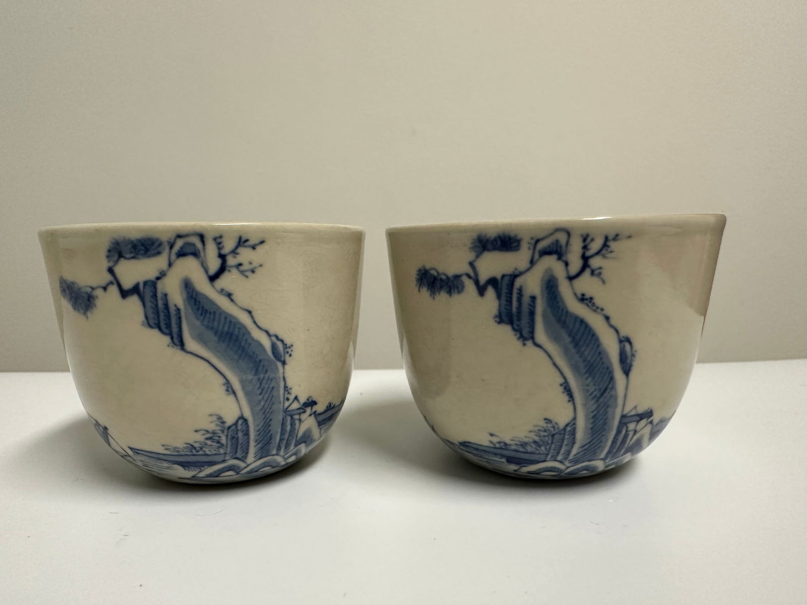 Pair Of  Chinese Ice Crack Glazed Blue And White Landscape Cups (1 of 10)