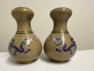 Pair Of Chinese Cloisonné Dragons Vases