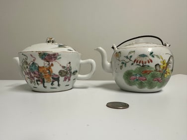 Set Of 2 Chinese Enameled Famille Rose Porcelain Teapots