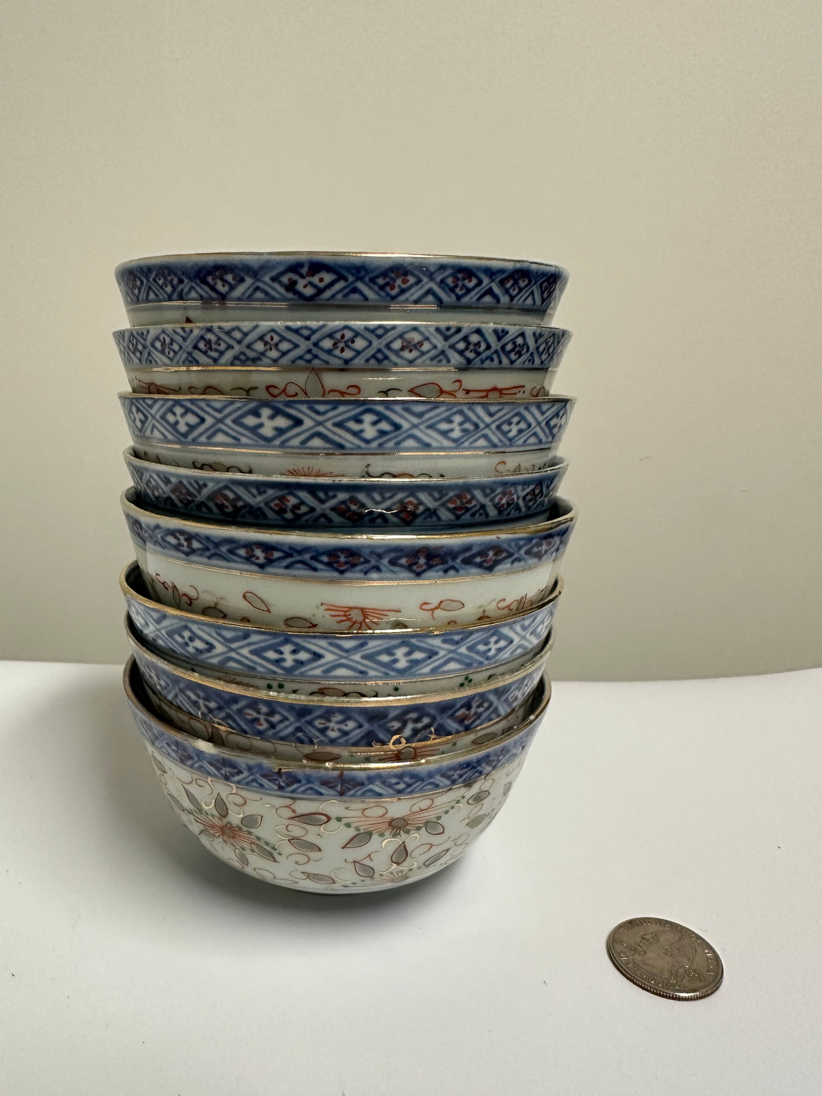 Set Of 8 PCS Chinese Blue And White& Famille Rose Porcelain Bowls: Dimension: 4.6 inches/ 11.7 cm, please note Due to manual measurement, dimensions may vary. Condition: Good used condition, one has small chip, please note buyers are obligated to come to the site to 