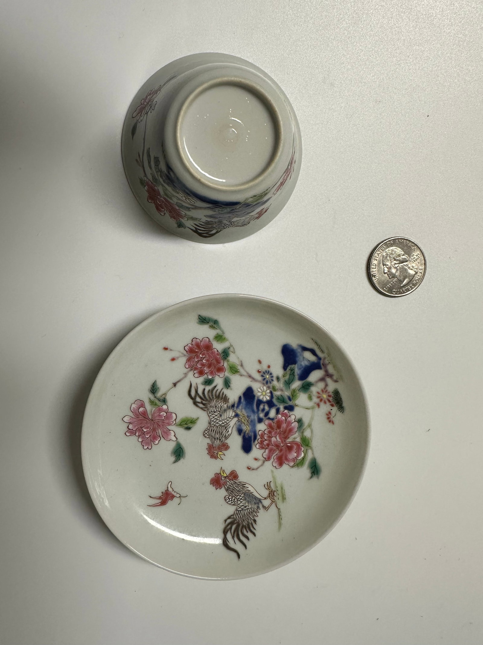 Chinese Famille Rose China Porcelain Saucer & Cup: Dimension: 2.6/4.2 inches/ 6.6/10/6 cm, please note Due to manual measurement, dimensions may vary. Condition: Good used condition, please note buyers are obligated to come to the site to inspect the 