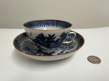 Chinese Blue And White Landscape Tea Cup & Saucer