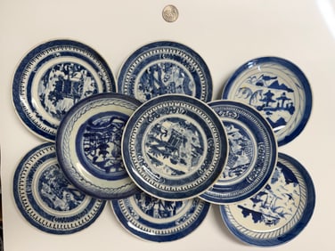 Set Of 9 PCS Blue And White Landscape Plates