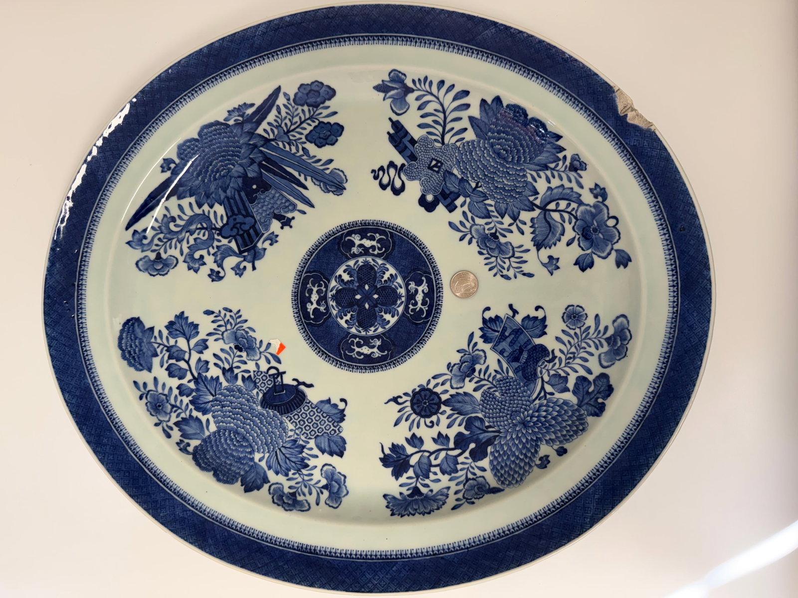 Chinese Blue And White China Export Badge Large Plate: Dimension: 21.3X 18.7 inches/ 54.3X47.6 cm, please note Due to manual measurement, dimensions may vary. Condition: Good used condition, a chip, please note buyers are obligated to come to the site to 