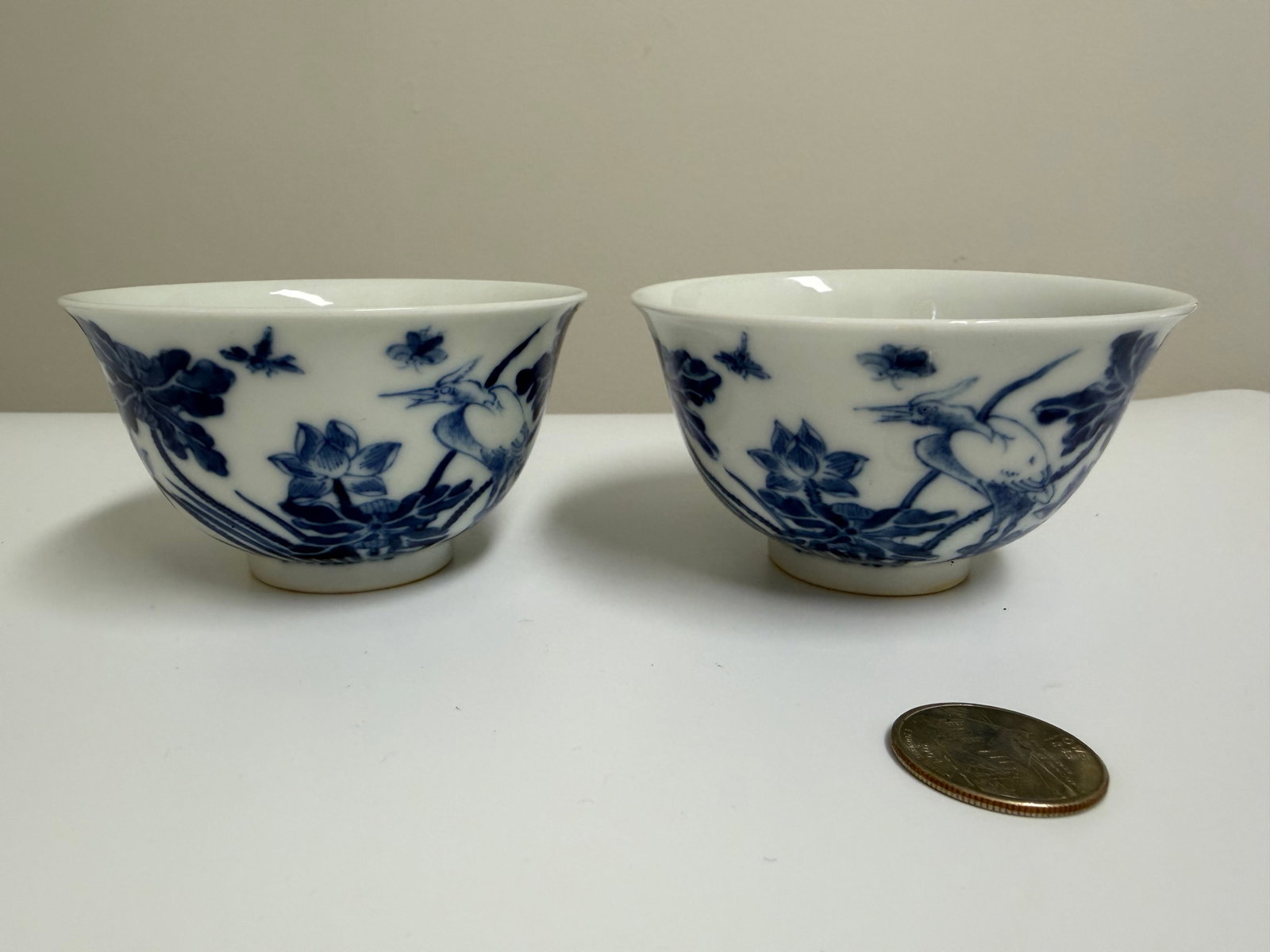 Pair Of Blue And White Porcelain Egrets Poetry China Bowls Mark: Dimension: 3.6 inches/ 9.2 cm, please note Due to manual measurement, dimensions may vary. Condition: Good used condition, please note buyers are obligated to come to the site to inspect the condition