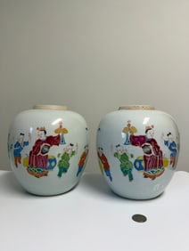 Pair Of Chinese Antique Famille Rose Porcelain Vases Figures Scene Jars